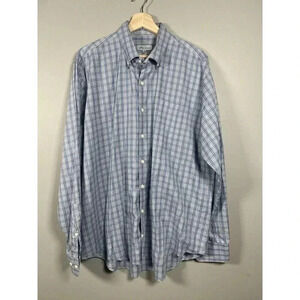Peter Millar Button Down Shirt Mens XL Long Sleeve Blue White Plaid Cotton Soft.